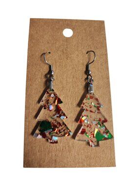 Red & Green Confetti Christmas Tree Acrylic Dangle Earrings